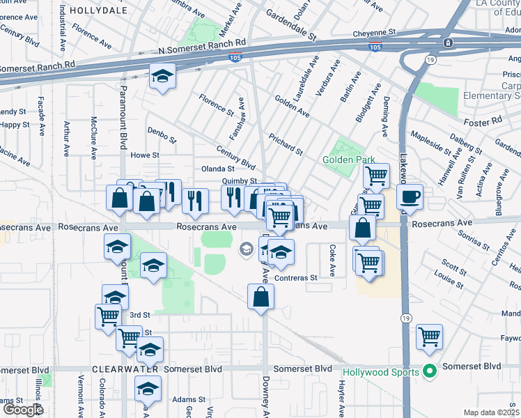 map of restaurants, bars, coffee shops, grocery stores, and more near in Paramount