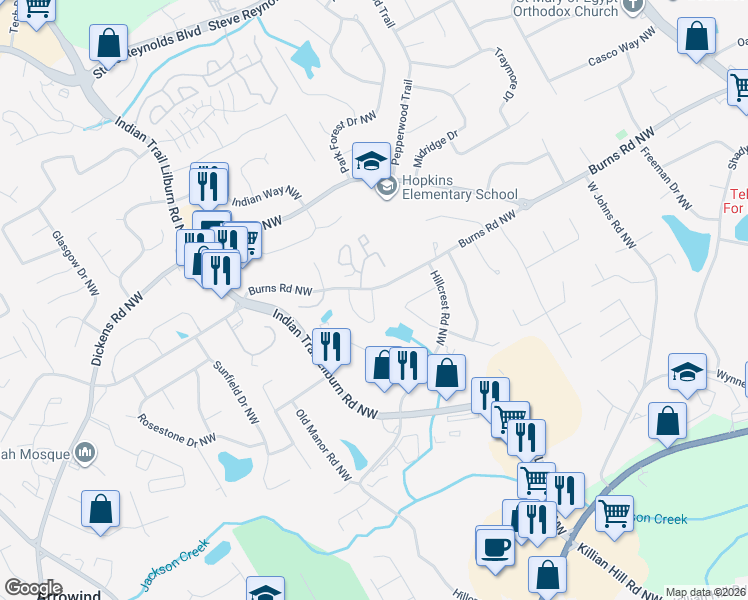 map of restaurants, bars, coffee shops, grocery stores, and more near 654 Jodeco Circle Northwest in Lilburn
