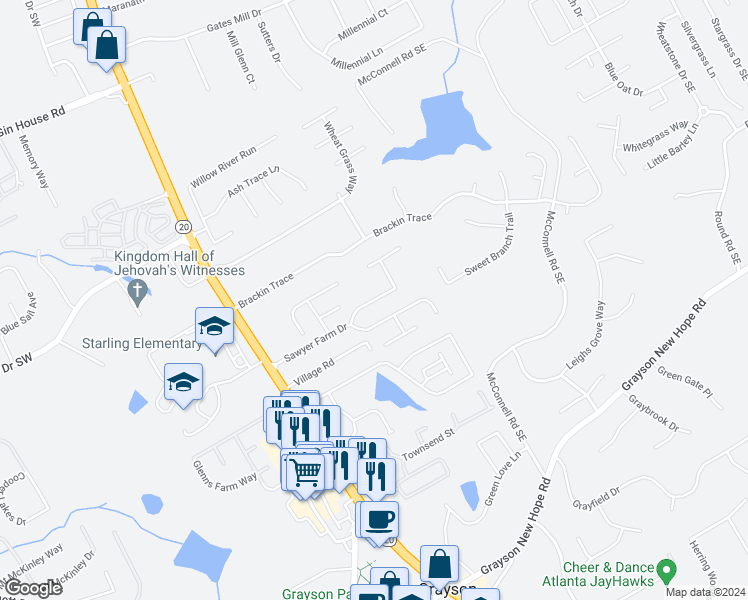 map of restaurants, bars, coffee shops, grocery stores, and more near 2108 Loganville Highway in Grayson