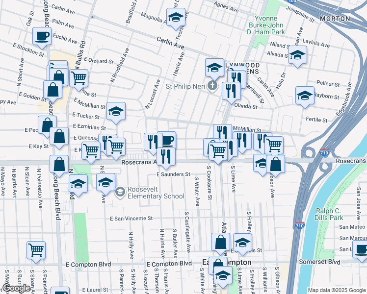 map of restaurants, bars, coffee shops, grocery stores, and more near 4235 East Palmerstone Street in Compton