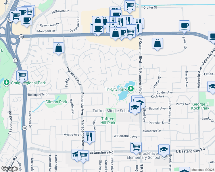 map of restaurants, bars, coffee shops, grocery stores, and more near 2963 Oakberry Court in Fullerton