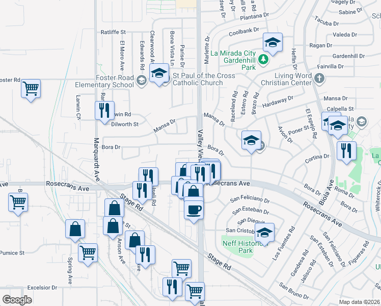 map of restaurants, bars, coffee shops, grocery stores, and more near 13811 Valley View Avenue in La Mirada