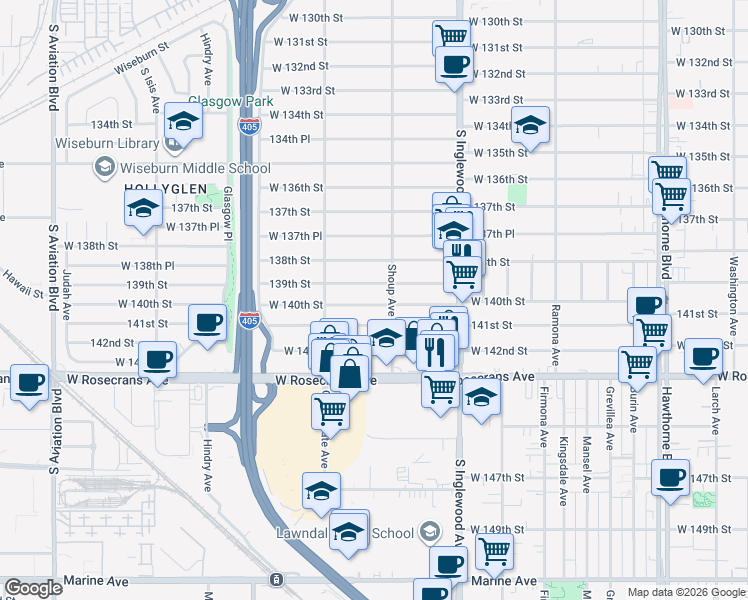 map of restaurants, bars, coffee shops, grocery stores, and more near 4921 West 140th Street in Hawthorne