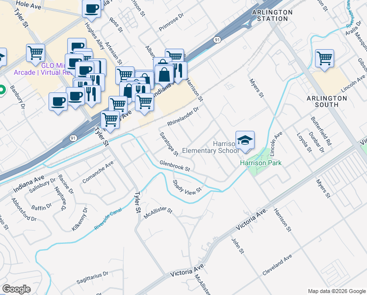 map of restaurants, bars, coffee shops, grocery stores, and more near 10050 Fox Street in Riverside