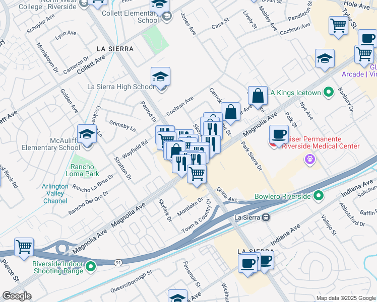 map of restaurants, bars, coffee shops, grocery stores, and more near 3915 La Sierra Avenue in Riverside