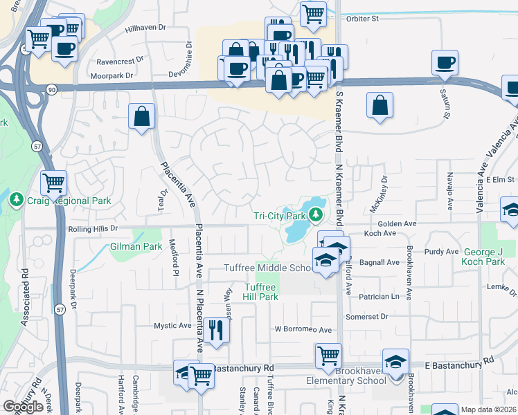 map of restaurants, bars, coffee shops, grocery stores, and more near 2963 Oakberry Court in Fullerton