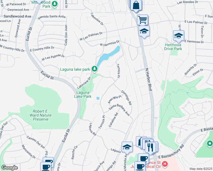 map of restaurants, bars, coffee shops, grocery stores, and more near 2945 Terraza Place in Fullerton