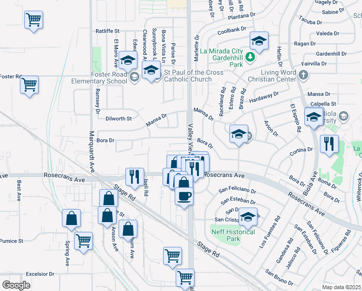 map of restaurants, bars, coffee shops, grocery stores, and more near 13811 Valley View Avenue in La Mirada