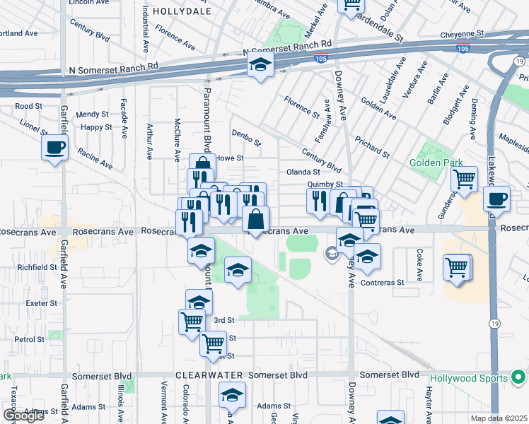 map of restaurants, bars, coffee shops, grocery stores, and more near 14103 Anderson Street in Paramount