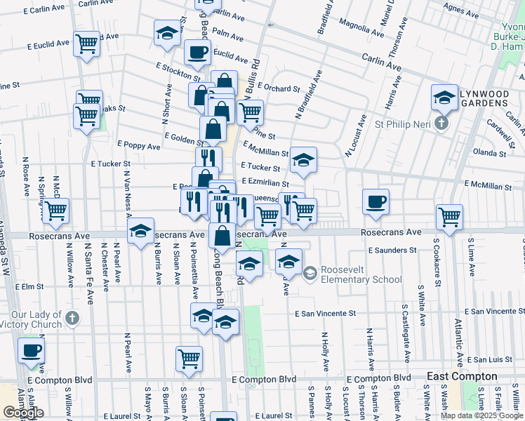 map of restaurants, bars, coffee shops, grocery stores, and more near 1700 Rosecrans Avenue in Compton