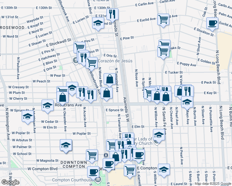 map of restaurants, bars, coffee shops, grocery stores, and more near 1214 North Tamarind Avenue in Compton