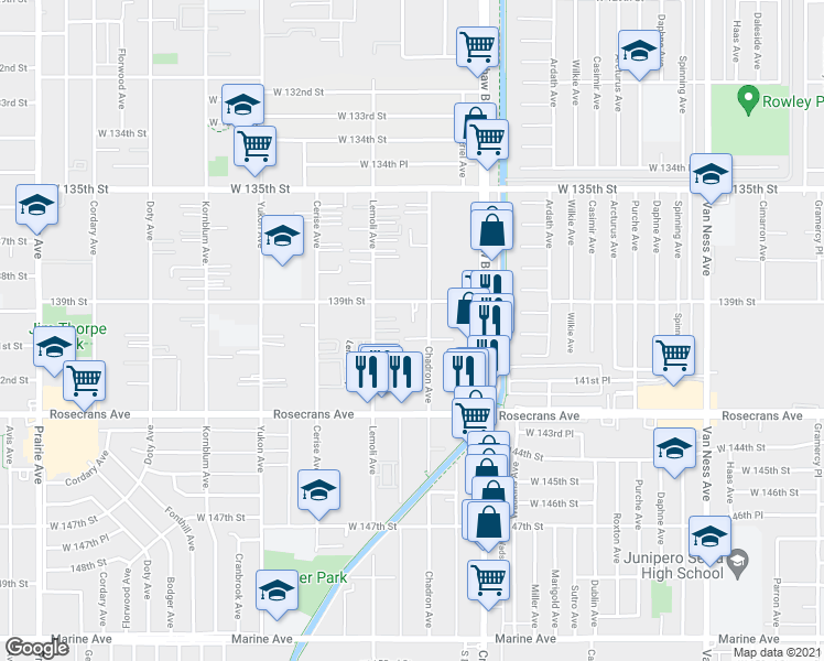 map of restaurants, bars, coffee shops, grocery stores, and more near 14001 Chadron Avenue in Hawthorne