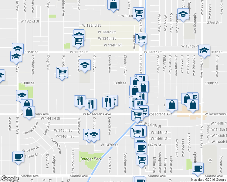map of restaurants, bars, coffee shops, grocery stores, and more near 13932 Lemoli Avenue in Hawthorne