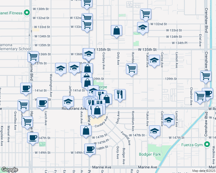 map of restaurants, bars, coffee shops, grocery stores, and more near 13926 Cordary Avenue in Hawthorne