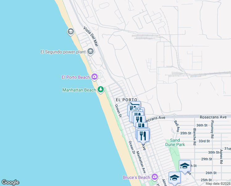 map of restaurants, bars, coffee shops, grocery stores, and more near 209 43rd Street in Manhattan Beach