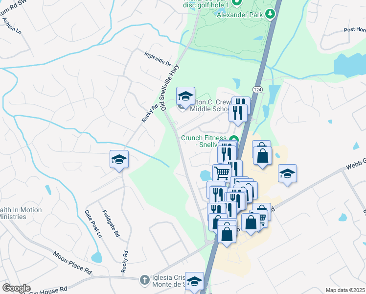 map of restaurants, bars, coffee shops, grocery stores, and more near 1691 Scenic Pines Drive in Lawrenceville