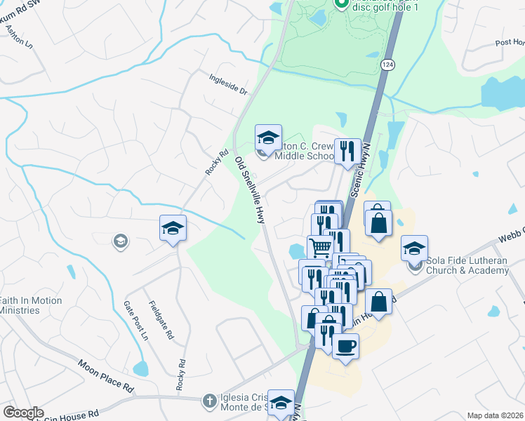 map of restaurants, bars, coffee shops, grocery stores, and more near 1691 Scenic Pines Drive in Lawrenceville