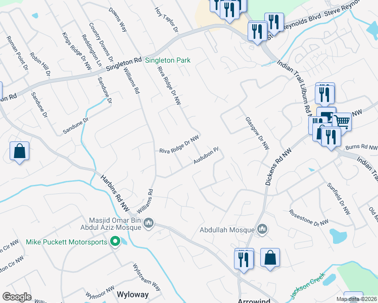 map of restaurants, bars, coffee shops, grocery stores, and more near 1073 Thrasher Court Northwest in Norcross