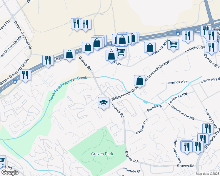 map of restaurants, bars, coffee shops, grocery stores, and more near 704 Olde Mill Lane in Norcross
