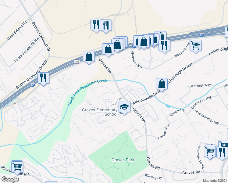 map of restaurants, bars, coffee shops, grocery stores, and more near 205 Autumn Leaf Way in Norcross