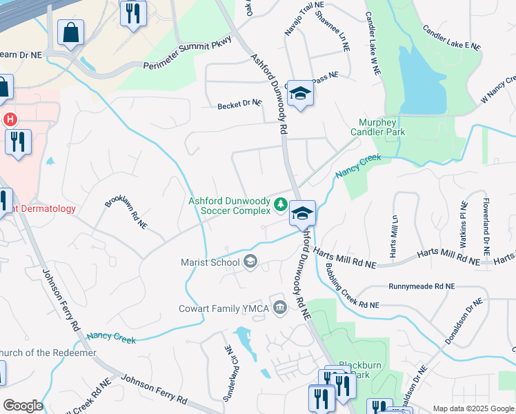 map of restaurants, bars, coffee shops, grocery stores, and more near 1329 West Nancy Creek Drive Northeast in Atlanta