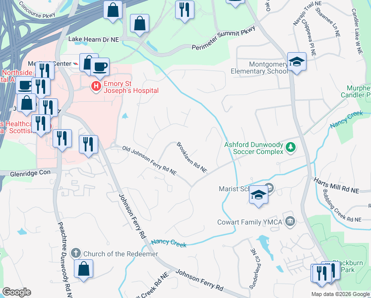 map of restaurants, bars, coffee shops, grocery stores, and more near 1316 Brooklawn Road Northeast in Atlanta