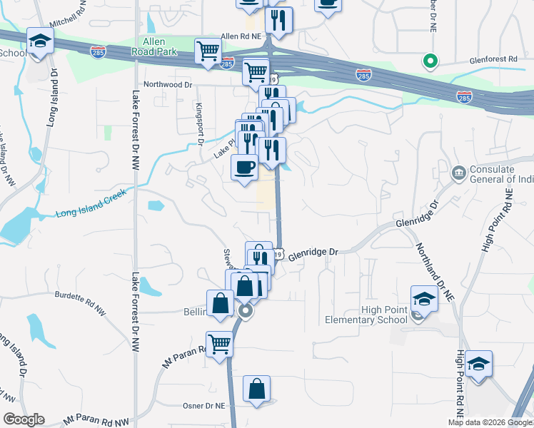 map of restaurants, bars, coffee shops, grocery stores, and more near 5456 Wentworth Street in Sandy Springs