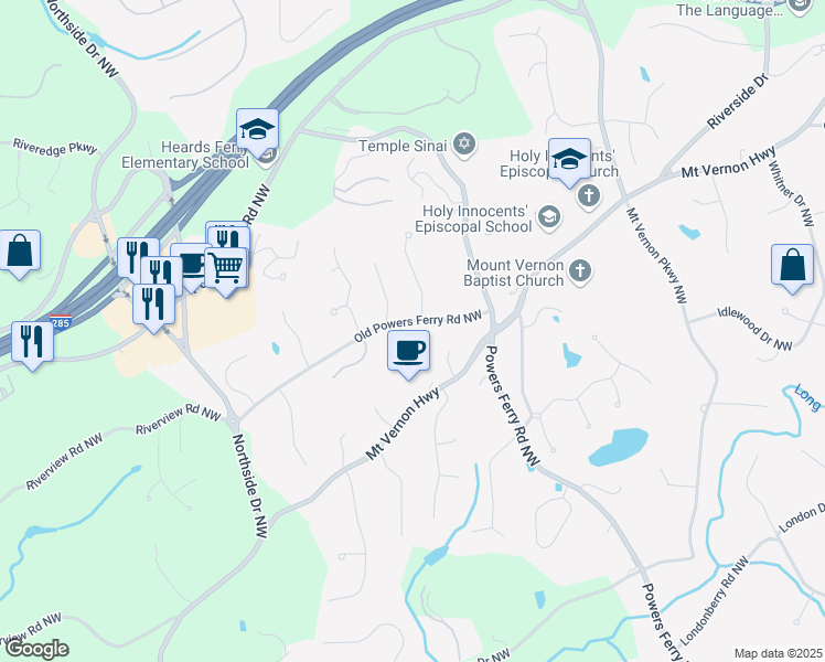 map of restaurants, bars, coffee shops, grocery stores, and more near 1016 Old Powers Ferry Road Northwest in Atlanta