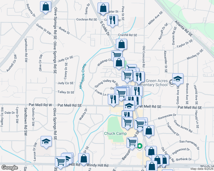 map of restaurants, bars, coffee shops, grocery stores, and more near 263 Dink Lane Southeast in Marietta