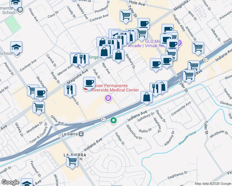 map of restaurants, bars, coffee shops, grocery stores, and more near 10654 White Oak Drive in Riverside