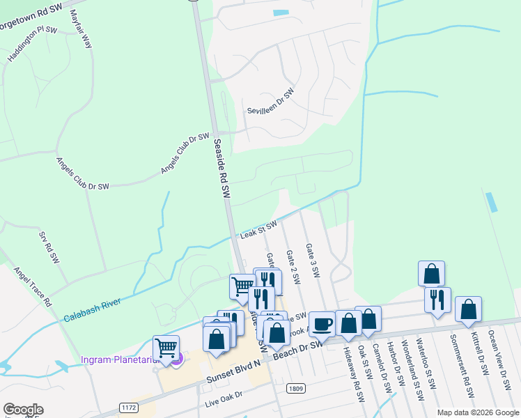 map of restaurants, bars, coffee shops, grocery stores, and more near 1407 Sunset Creek Way in Ocean Isle Beach
