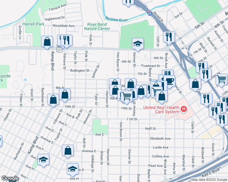 map of restaurants, bars, coffee shops, grocery stores, and more near 2005 8th Street in Wichita Falls
