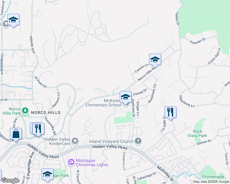 map of restaurants, bars, coffee shops, grocery stores, and more near 570 Carson City Way in Norco
