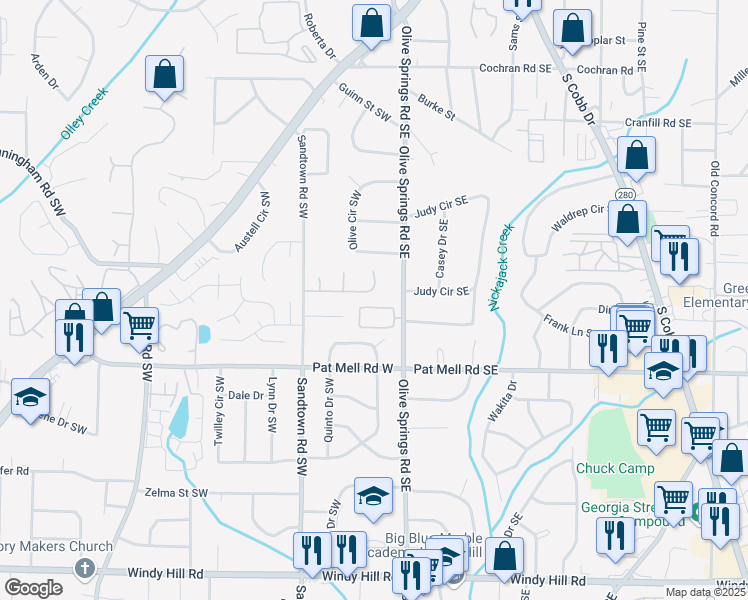 map of restaurants, bars, coffee shops, grocery stores, and more near 87 Hollinger Way in Marietta