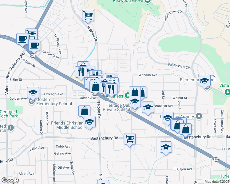 map of restaurants, bars, coffee shops, grocery stores, and more near 3811 Snapdragon Way in Yorba Linda