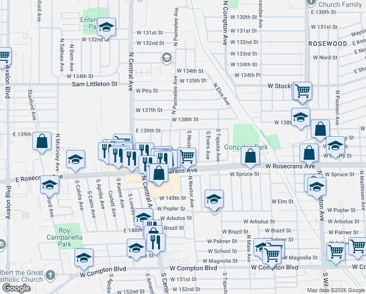 map of restaurants, bars, coffee shops, grocery stores, and more near 14016 South Albertson Avenue in Compton