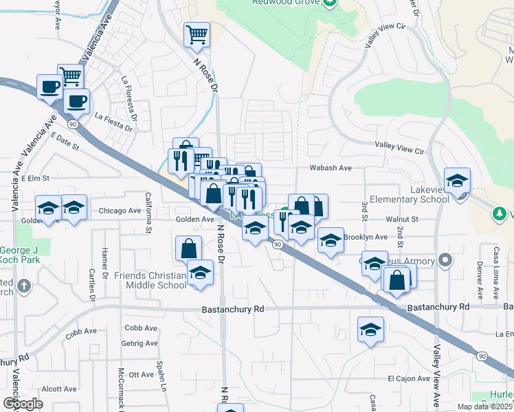 map of restaurants, bars, coffee shops, grocery stores, and more near 3811 Snapdragon Way in Yorba Linda
