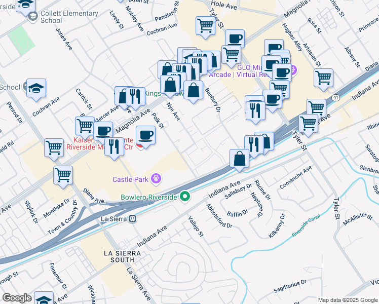 map of restaurants, bars, coffee shops, grocery stores, and more near 10654 White Oak Drive in Riverside