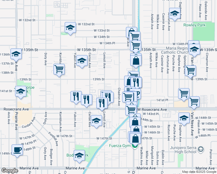 map of restaurants, bars, coffee shops, grocery stores, and more near 13932 Lemoli Avenue in Hawthorne