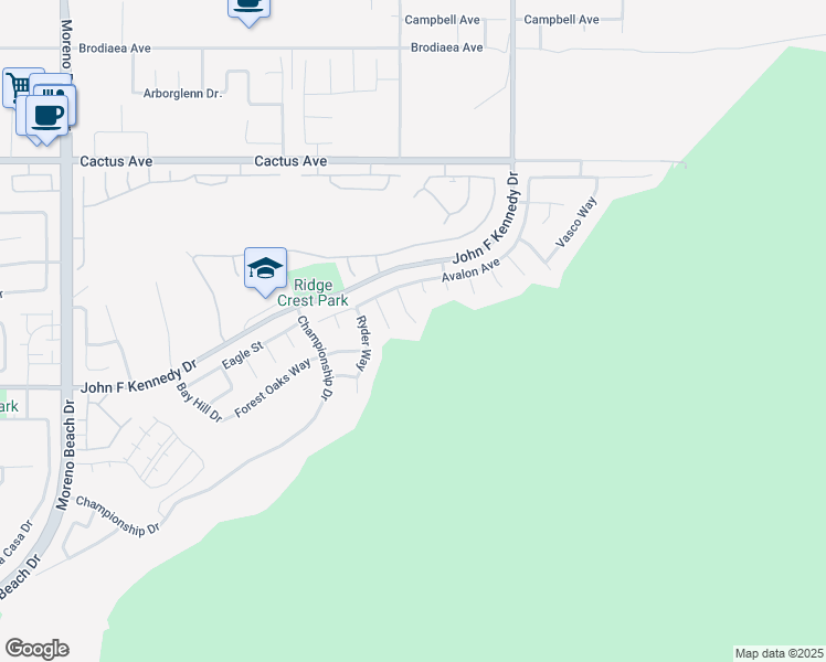map of restaurants, bars, coffee shops, grocery stores, and more near 14903 Province Circle in Moreno Valley