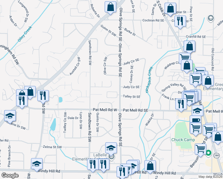 map of restaurants, bars, coffee shops, grocery stores, and more near 87 Hollinger Way in Marietta