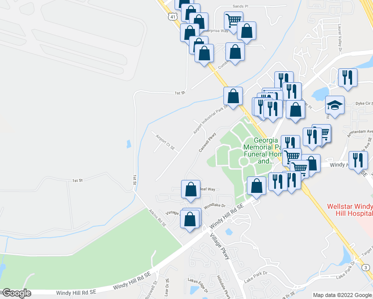 map of restaurants, bars, coffee shops, grocery stores, and more near 1955 Airport Industrial Park Drive Southeast in Marietta