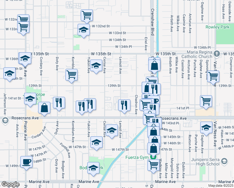 map of restaurants, bars, coffee shops, grocery stores, and more near 13935 Lemoli Avenue in Hawthorne