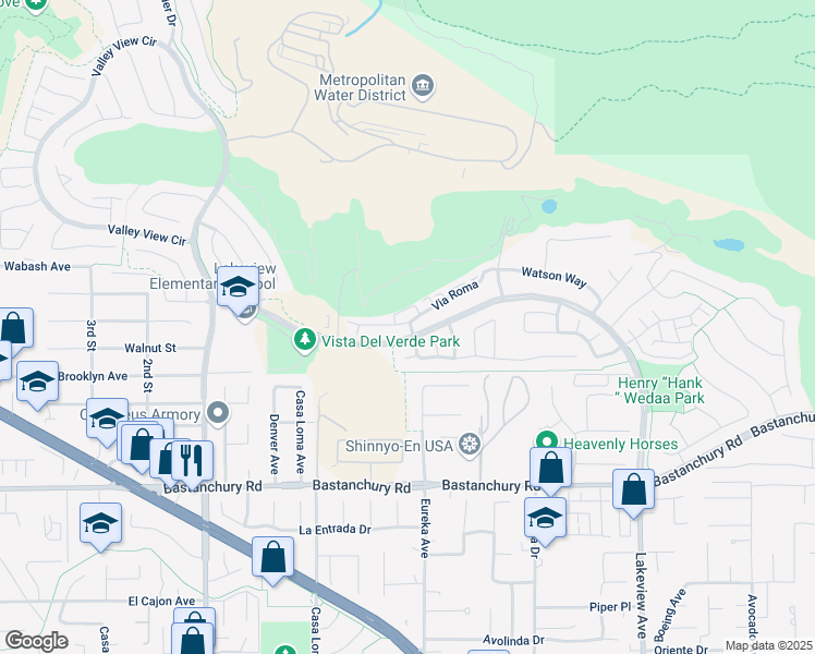 map of restaurants, bars, coffee shops, grocery stores, and more near 17862 Via Roma in Yorba Linda