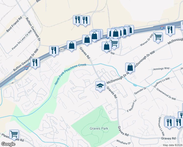 map of restaurants, bars, coffee shops, grocery stores, and more near 205 Autumn Leaf Way in Norcross