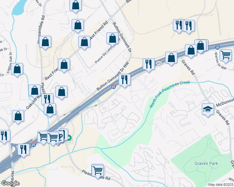 map of restaurants, bars, coffee shops, grocery stores, and more near 224 Seasons Parkway in Norcross