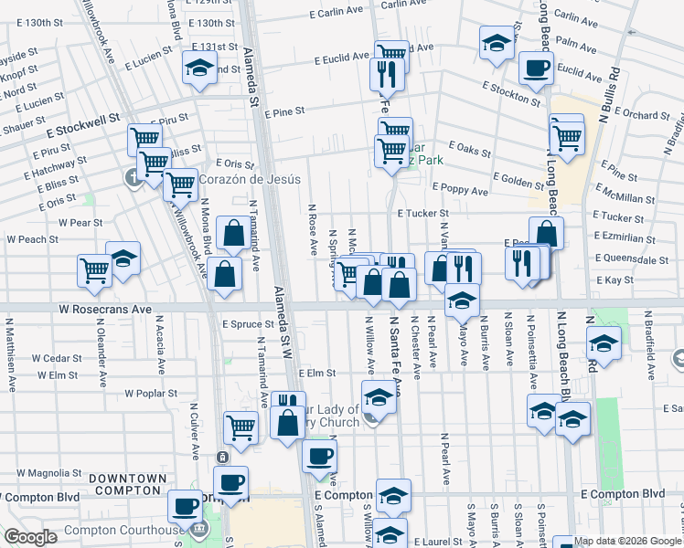 map of restaurants, bars, coffee shops, grocery stores, and more near 1214 North McDivitt Avenue in Compton