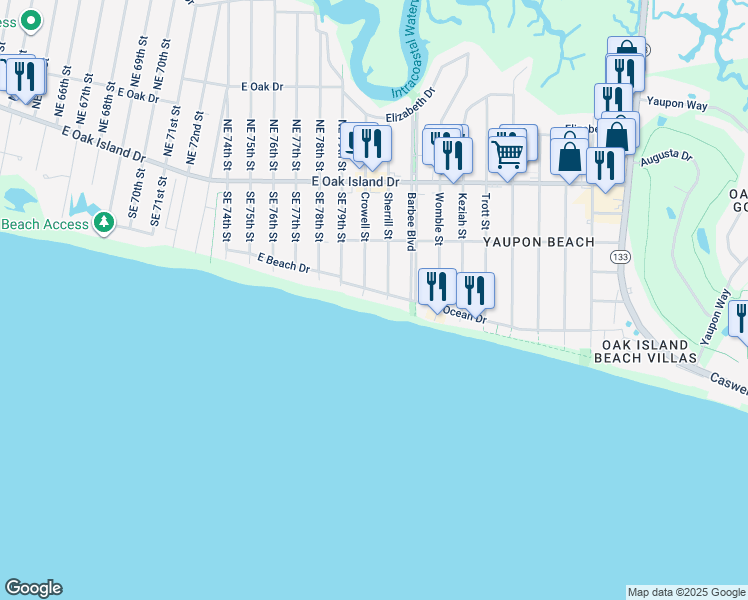 map of restaurants, bars, coffee shops, grocery stores, and more near 1005 Ocean Drive in Oak Island