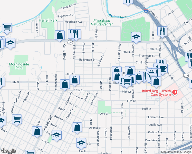 map of restaurants, bars, coffee shops, grocery stores, and more near 2209 8th Street in Wichita Falls