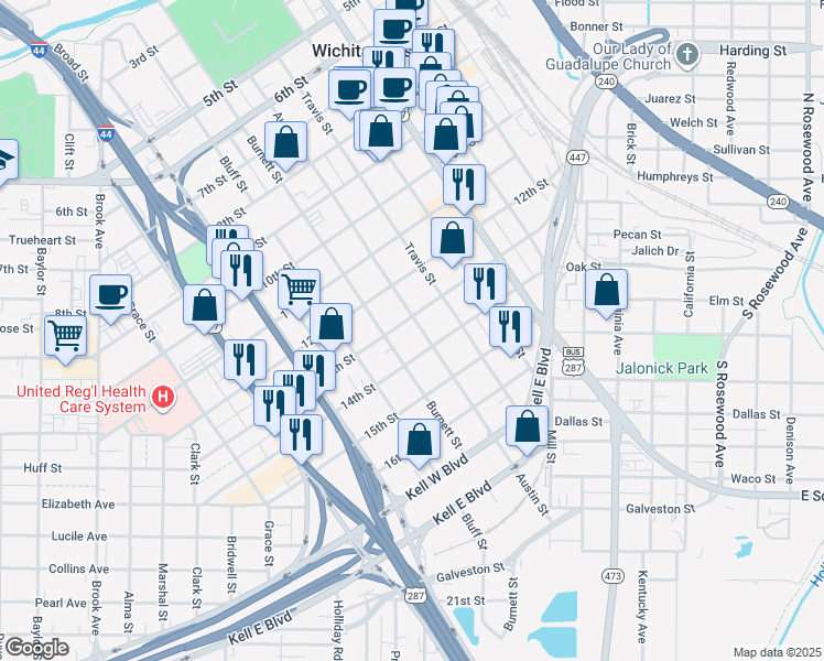map of restaurants, bars, coffee shops, grocery stores, and more near 1302 Austin Street in Wichita Falls